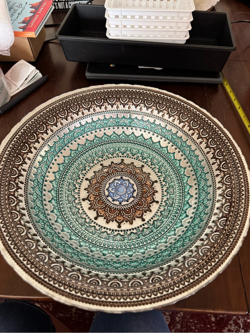 Intricate Teal and Brown Mandala Decorative Glass Bowl - Callout